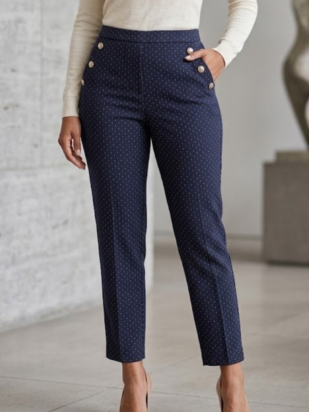Classic Concepts Navy Dot Sailor Button Stretch Ankle Pants Size L High Rise
